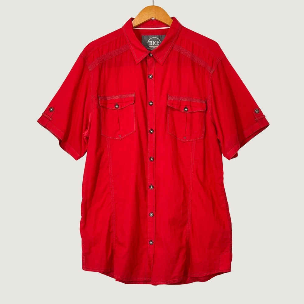 BKE Button Down Mens XXL Red Standard Fit Short Sleeve Cotton Casual Shirt B2267